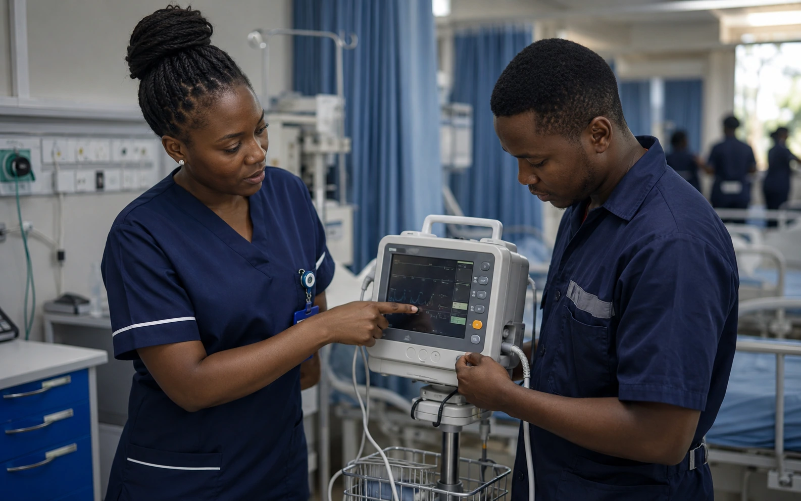 Colleagues from clinical and engineering teams collaborating at a network facility