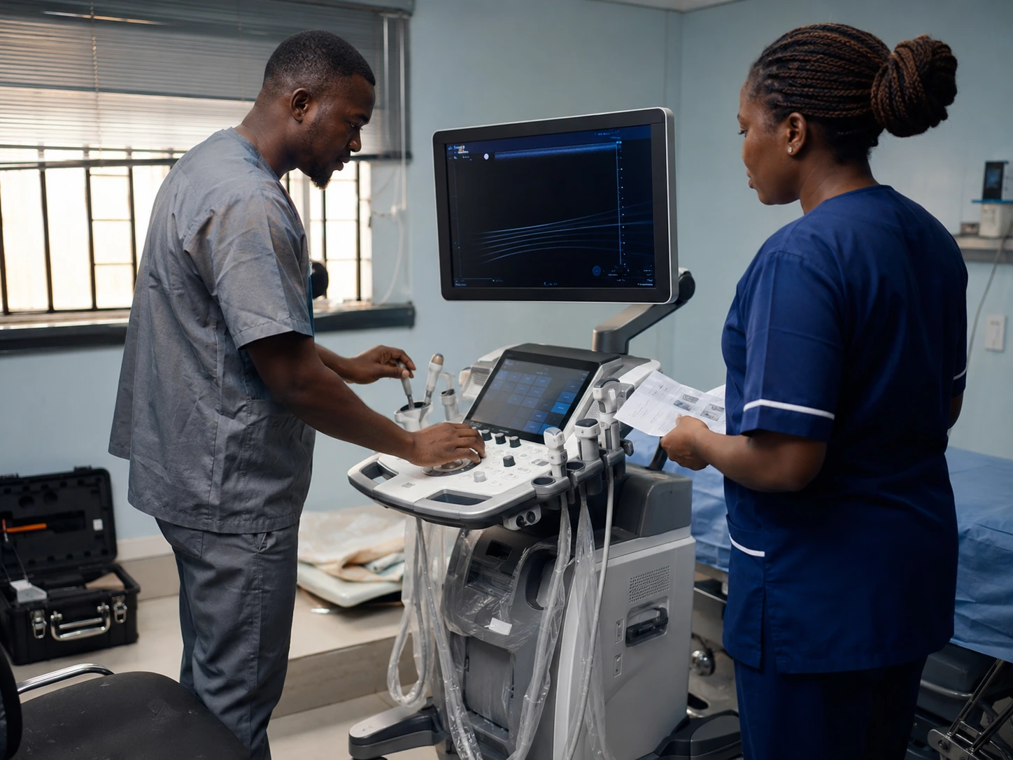 Biomedical engineer commissioning clinical equipment