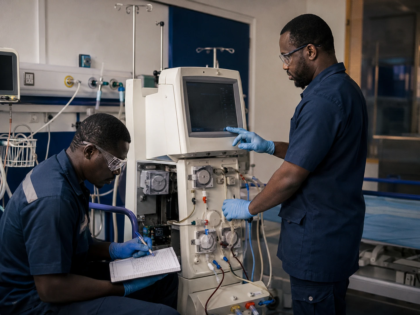 Biomedical engineering team performing planned maintenance in a critical care unit